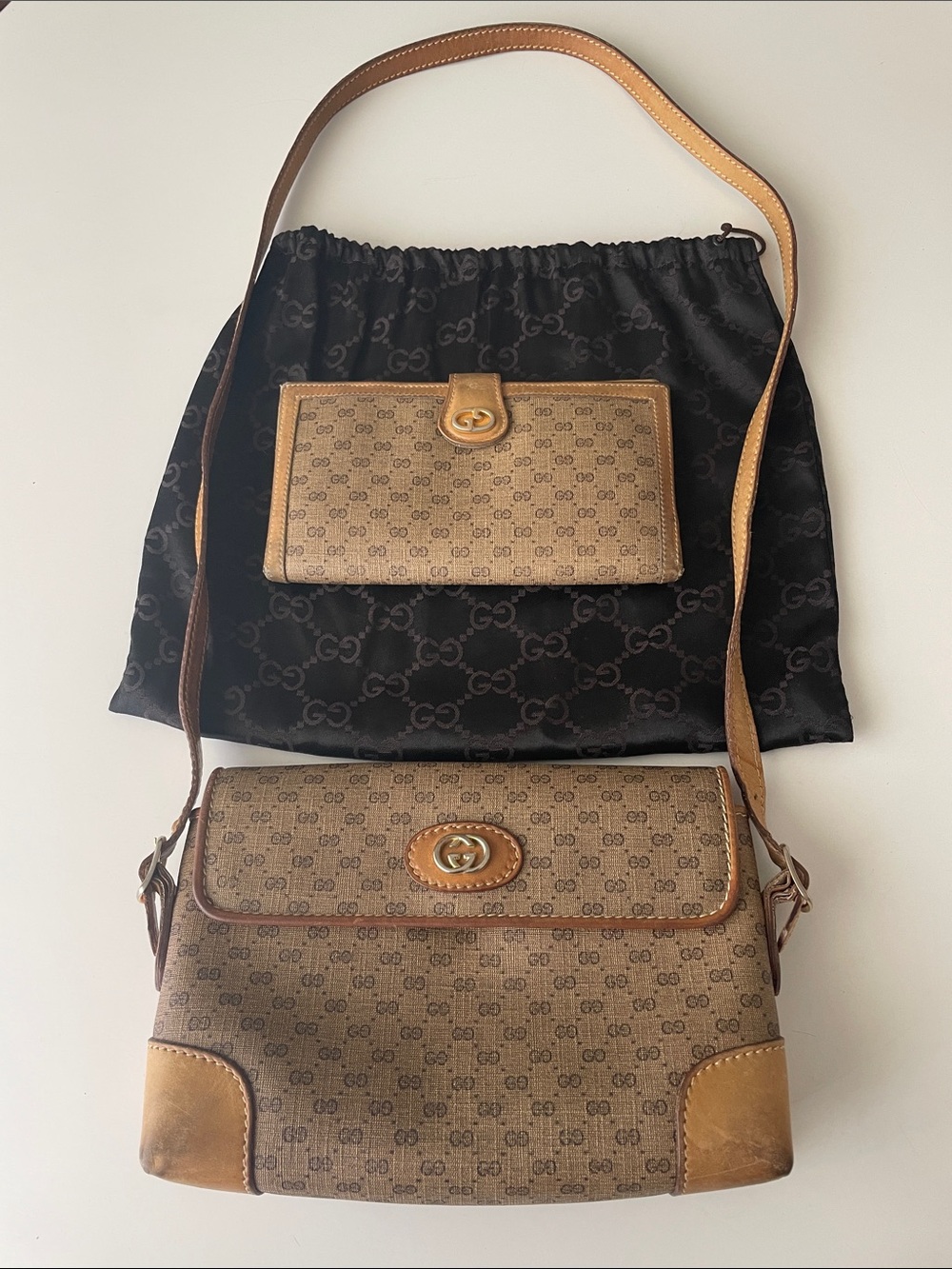 Vintage 1980’s Gucci Brown GG Canvas Shoulder Bag with Matching Wallet